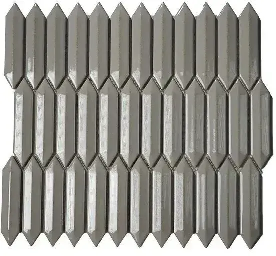 A pattern of glossy, gray, elongated hexagonal tiles arranged in a vertical, interlocking picket fence style.