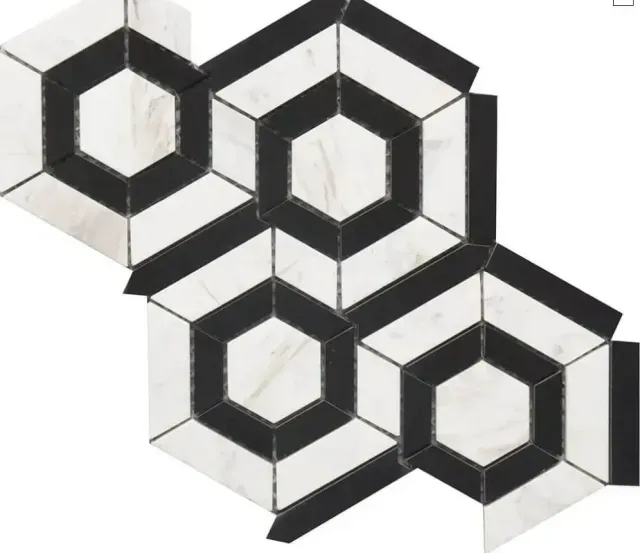 A geometric tile pattern featuring alternating black and white marble hexagons arranged in an interlocking design.