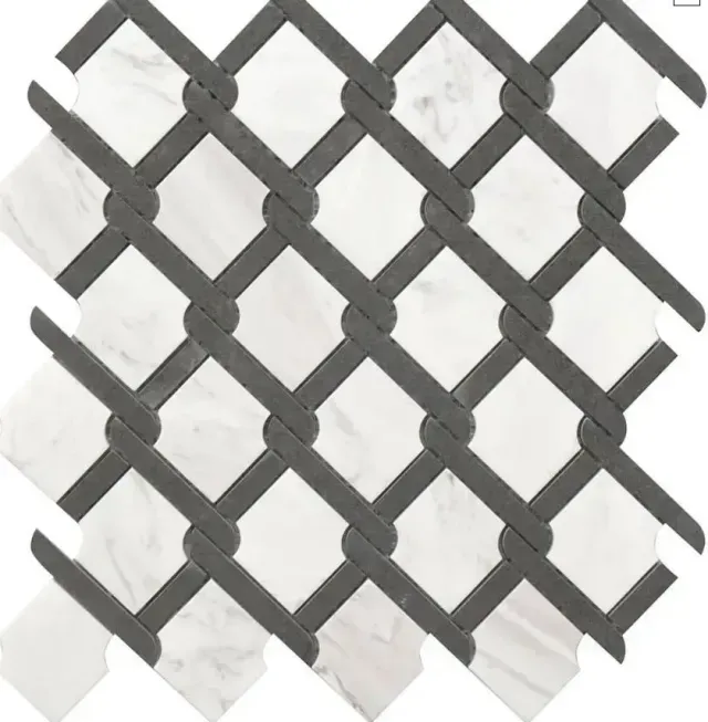 A decorative tile pattern featuring white marble diamonds framed by dark gray, woven lattice-style strips.