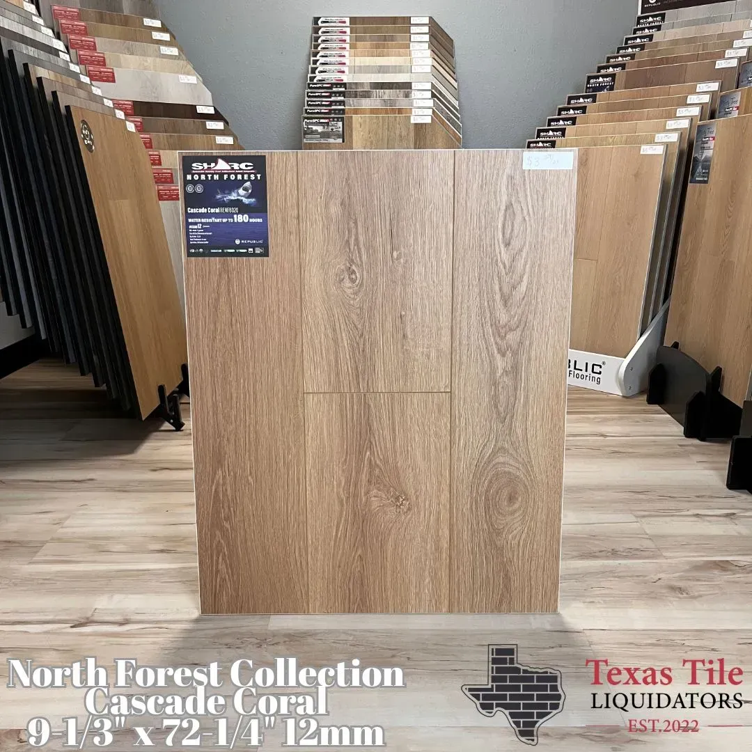 A flooring sample of light wood planks labeled North Forest Collection, Cascade Coral, by Texas Tile Liquidators.