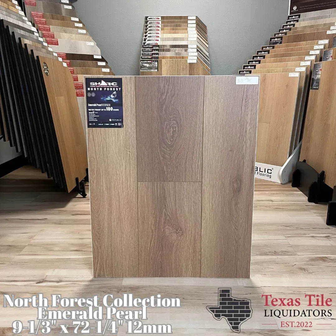 A display sample of Emerald Pearl wood-look flooring from the North Forest Collection at Texas Tile Liquidators.