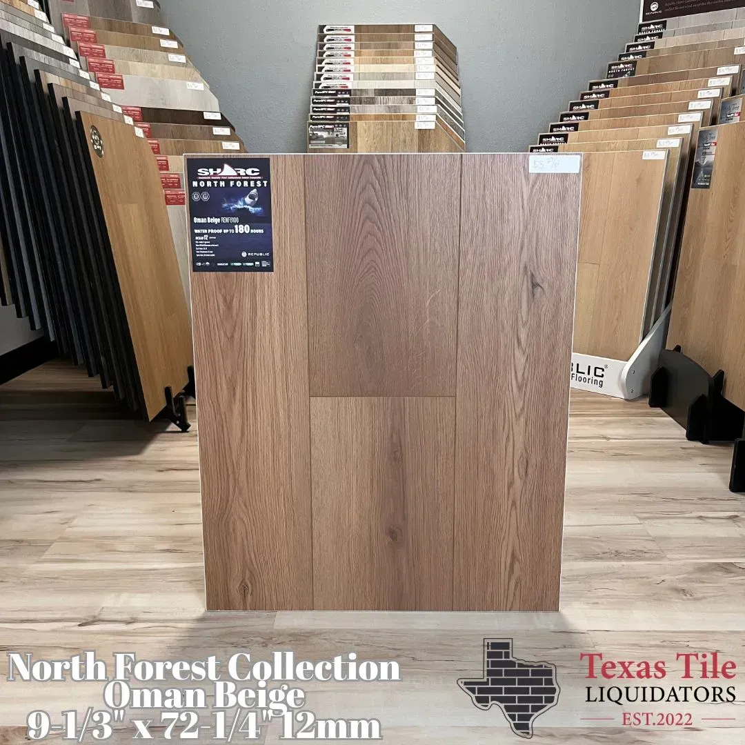 A display of North Forest Collection Oman Beige flooring planks in a Texas Tile Liquidators showroom.