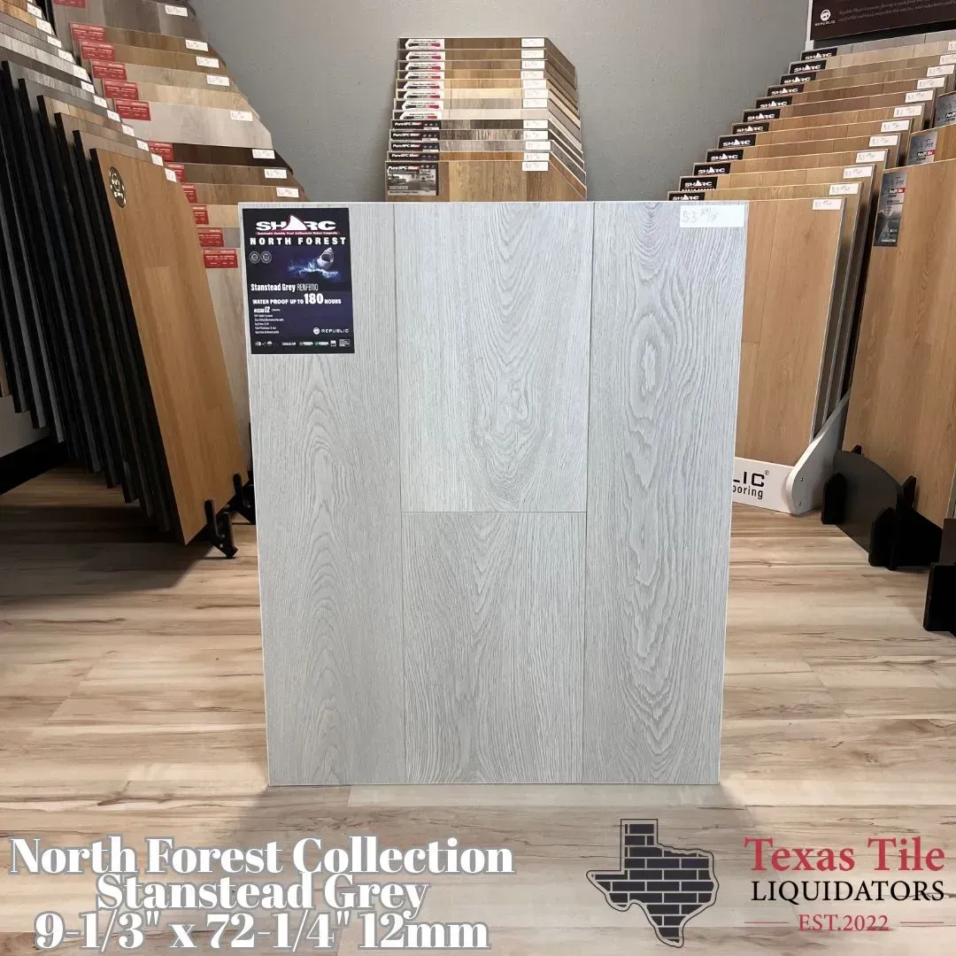 Sample board of Stanstead Grey flooring from the North Forest Collection at Texas Tile Liquidators.