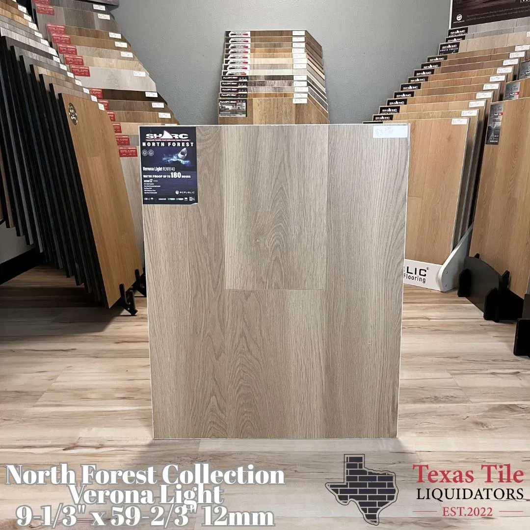 A sample of light-toned wood flooring from the North Forest Collection labeled Verona Light, displayed at Texas Tile.