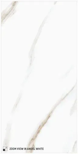 A zoom view of a polished white tile with subtle grey and light brown marble veining.