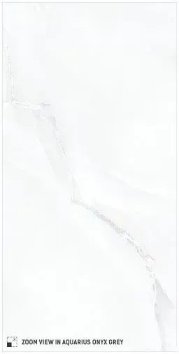 A white tile with a subtle, thin grey diagonal vein, labeled as Aquarius Onyx Grey.