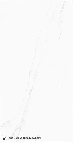 A rectangular, white marble tile with faint, light grey veining, labeled 