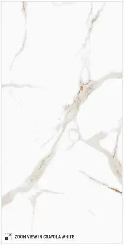 White marble-look tile with soft, sweeping grey and beige veining, labeled Gravola White at the bottom.