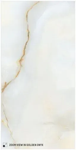 White Golden Onyx marble slab featuring subtle translucent white tones and a singular, elegant vein of soft golden amber.