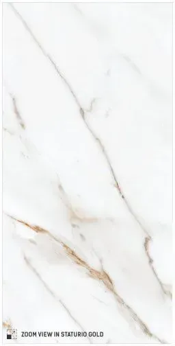 A vertical slab of white marble featuring subtle, diagonal grey and light gold veining throughout the surface.