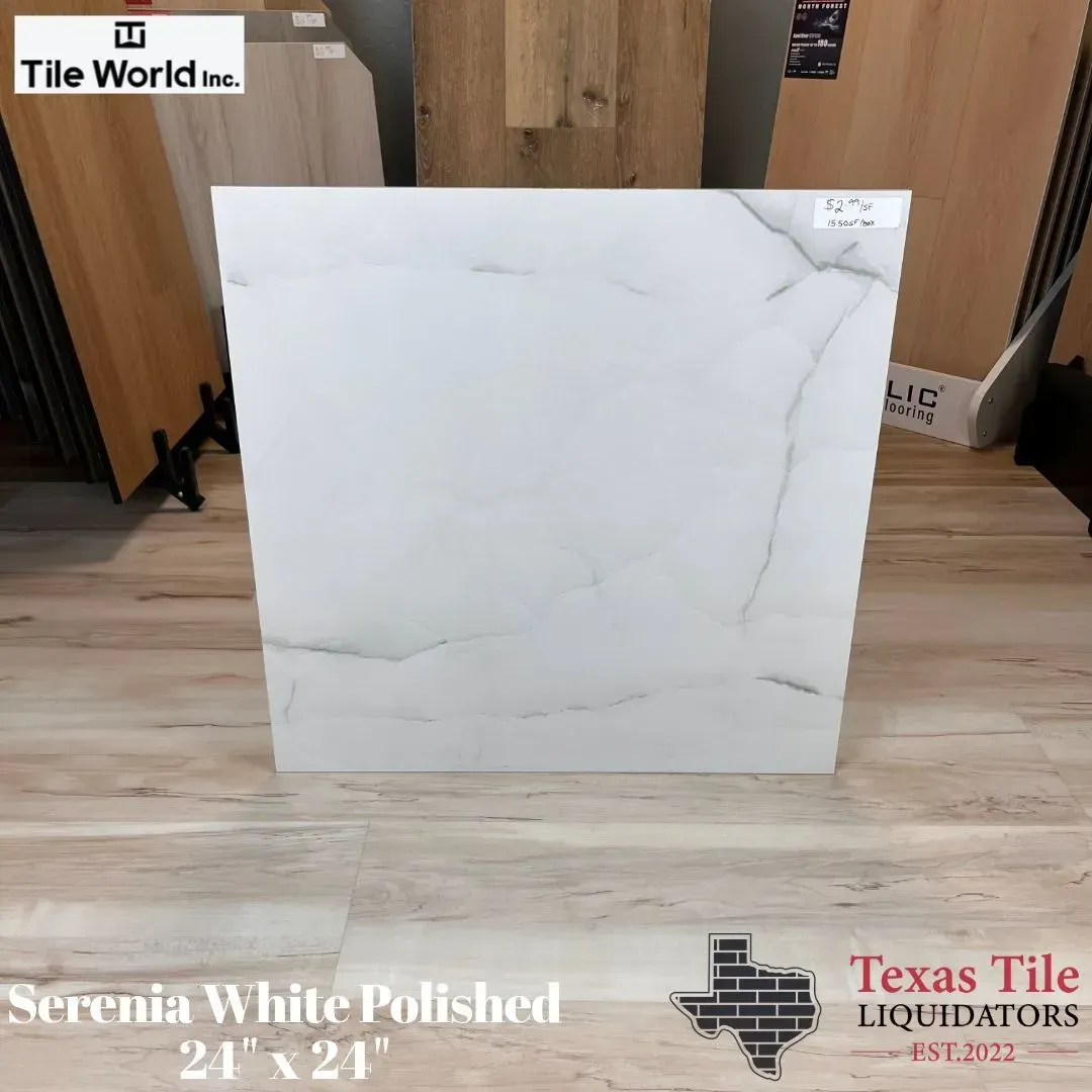 A square white marble-look polished tile from Texas Tile Liquidators, 24