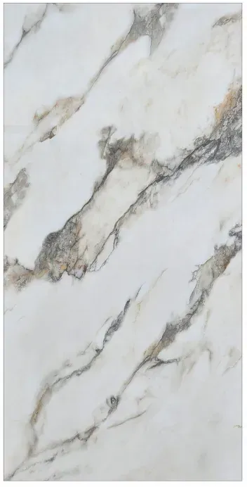 A rectangular tile featuring a white marble surface with diagonal veining in shades of grey and tan.