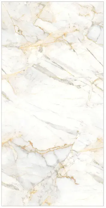 White marble tile with soft gray and golden-brown veining throughout.