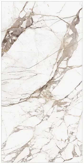 White marble slab featuring prominent, jagged charcoal and taupe veins across a polished surface.