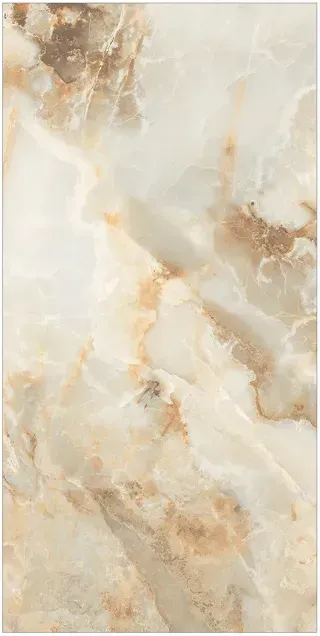 Cream-colored stone tile with swirling white and brown marble veining.