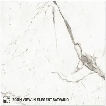 White marble surface with prominent dark grey veins, labeled as Elegant Satvario.