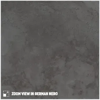 A close-up of dark grey, textured stone-look tile with subtle, mottled patterns labeled 