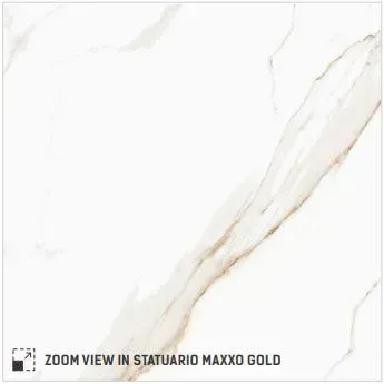 Statuario Maxxo Gold tile featuring a white surface with elegant, flowing gold and grey veining.