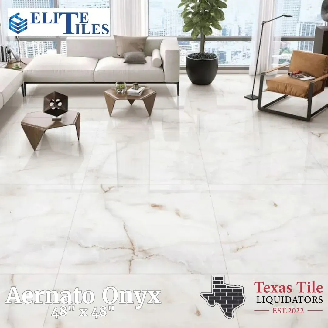 A living room floor featuring white Aernato Onyx 48