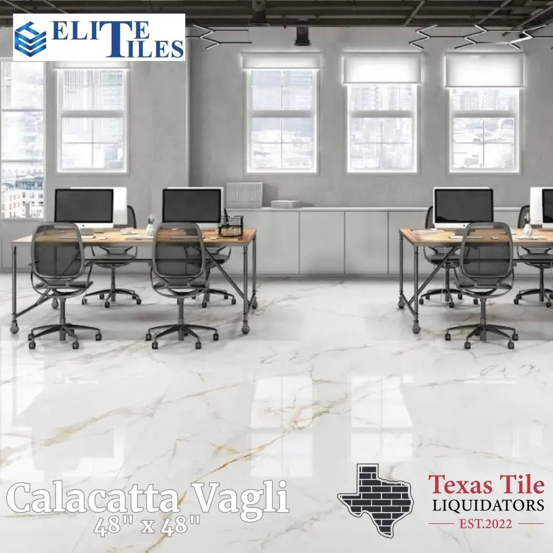 A modern office setting featuring large Calacatta Vagli 48