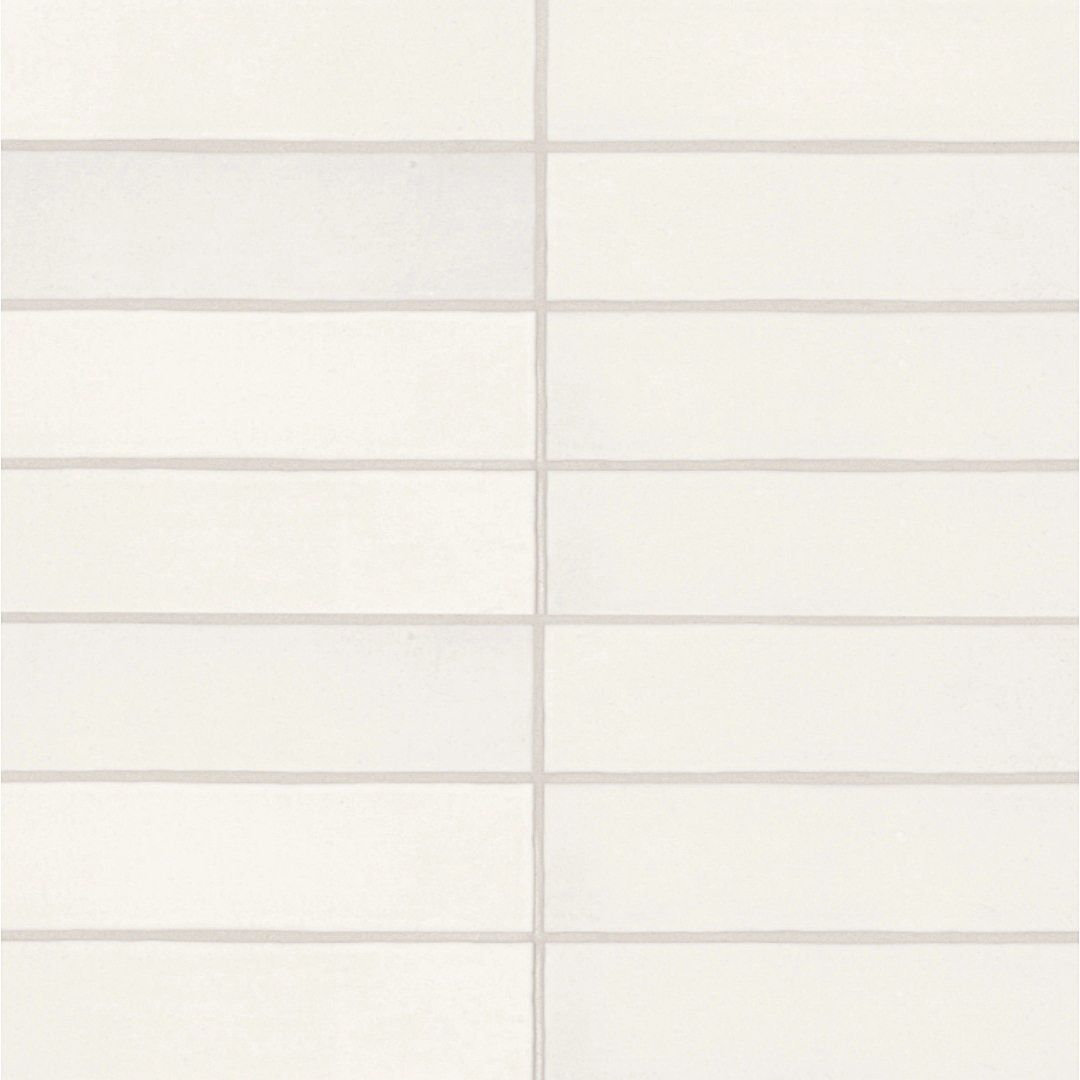 A grid of rectangular, off-white ceramic tiles arranged in a stacked, uniform pattern with light gray grout lines.