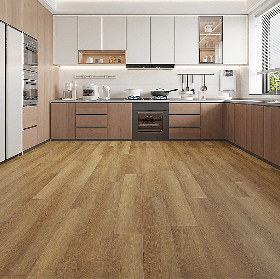 A modern kitchen with white upper cabinets, wood-tone base cabinets, integrated appliances, and light wood plank flooring.