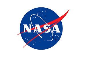 NASA logo: white letters on a blue circle with a red swoosh and stars