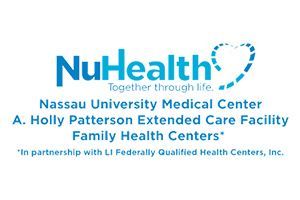 NuHealth logo with Nassau University Medical Center and family health centers text on white background