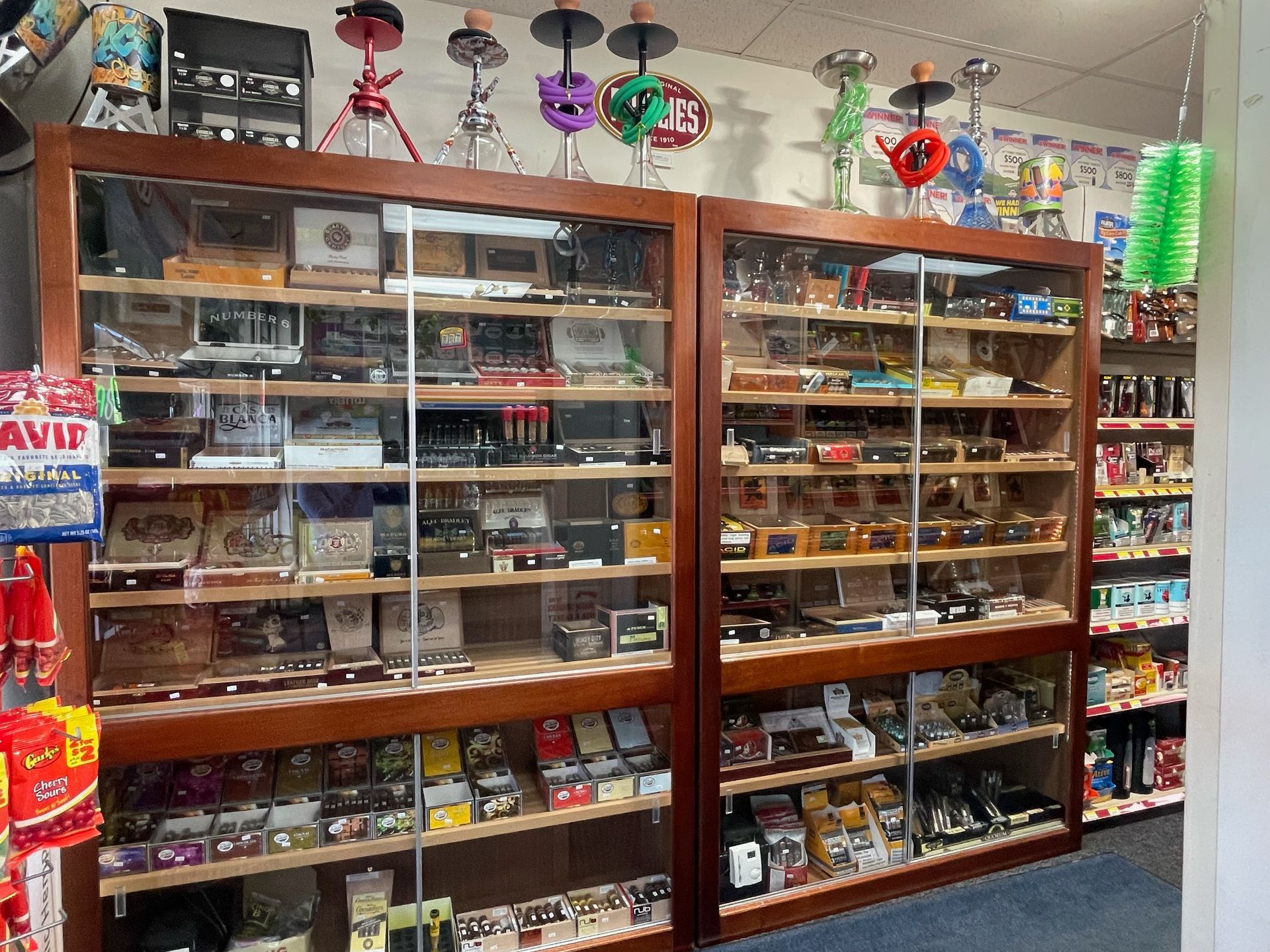 glass display of tobaccos