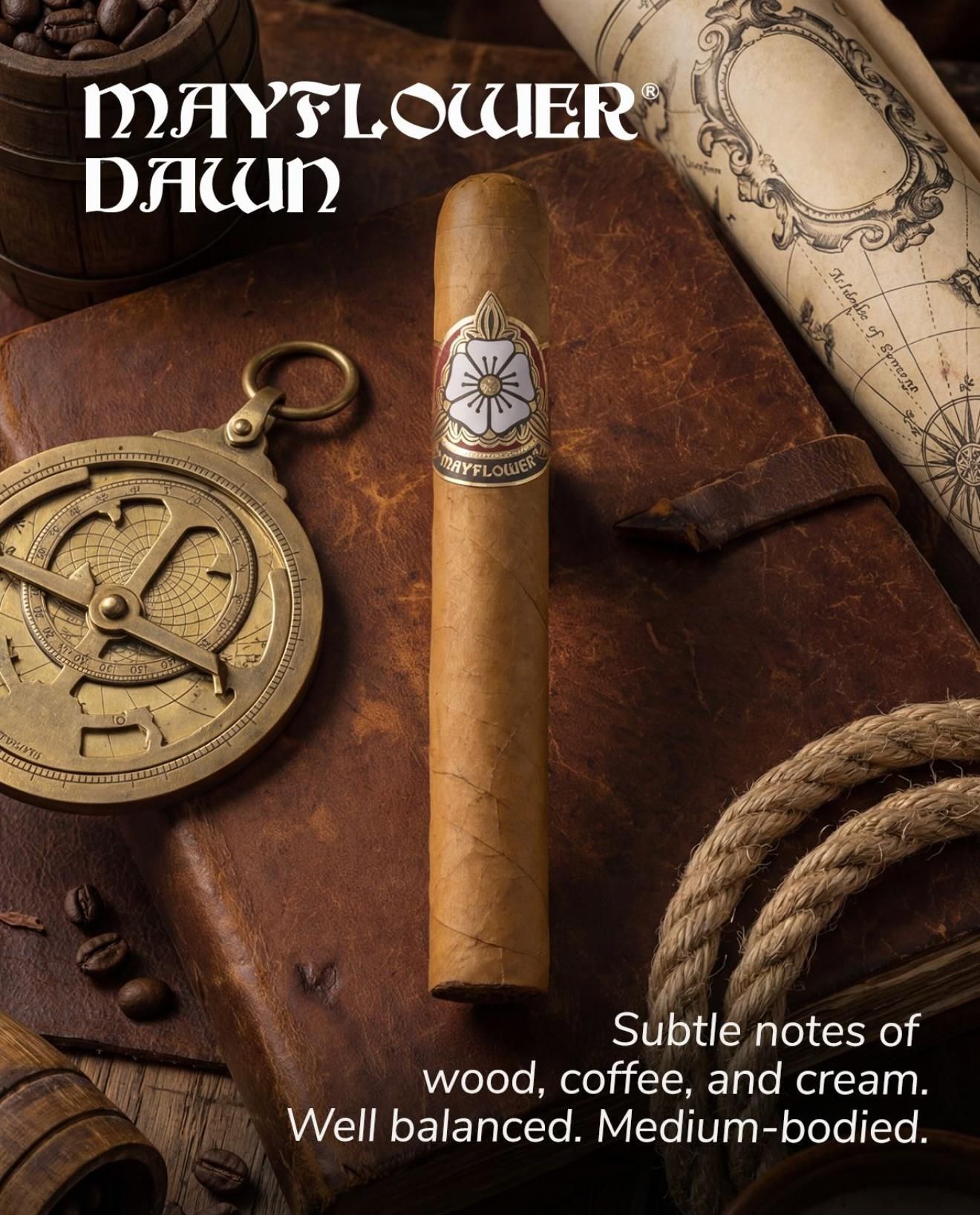 Cigar with compass, map, and coffee beans, advertising 