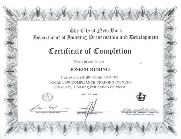 NYC Housing Preservation Certificate 2004 - Airlite Home Center
