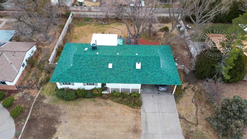 Aerial view of a house with a green roof and a driveway, surrounded by brown yard and bare trees.