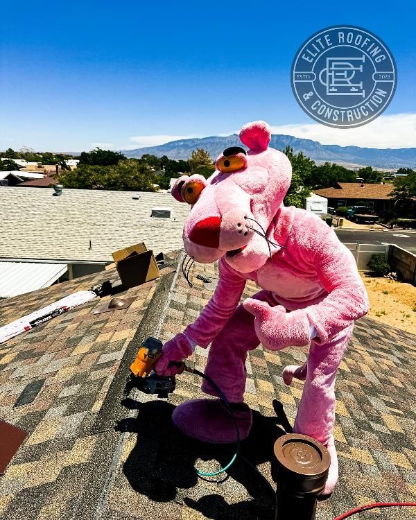 Pink Panther in costume on a roof, using a drill, with a blue sky background and the Elite Roofing logo.