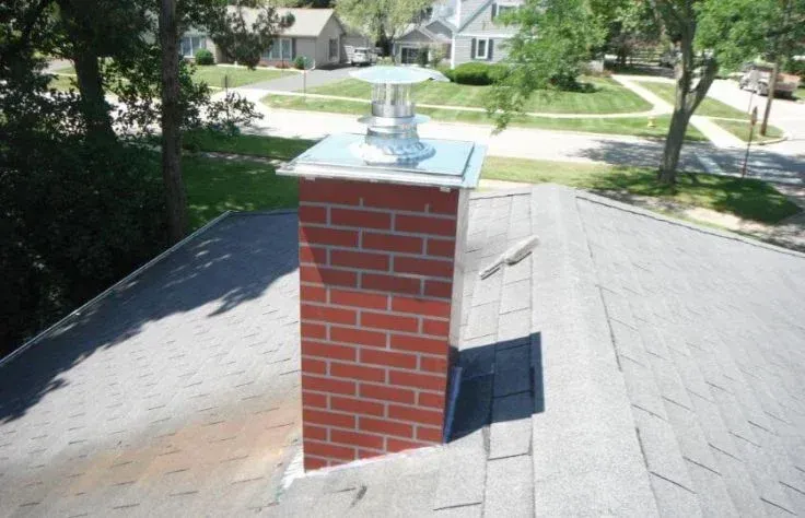 Brick chimney on a gray shingled roof, topped with a metal cap, in a suburban neighborhood.
