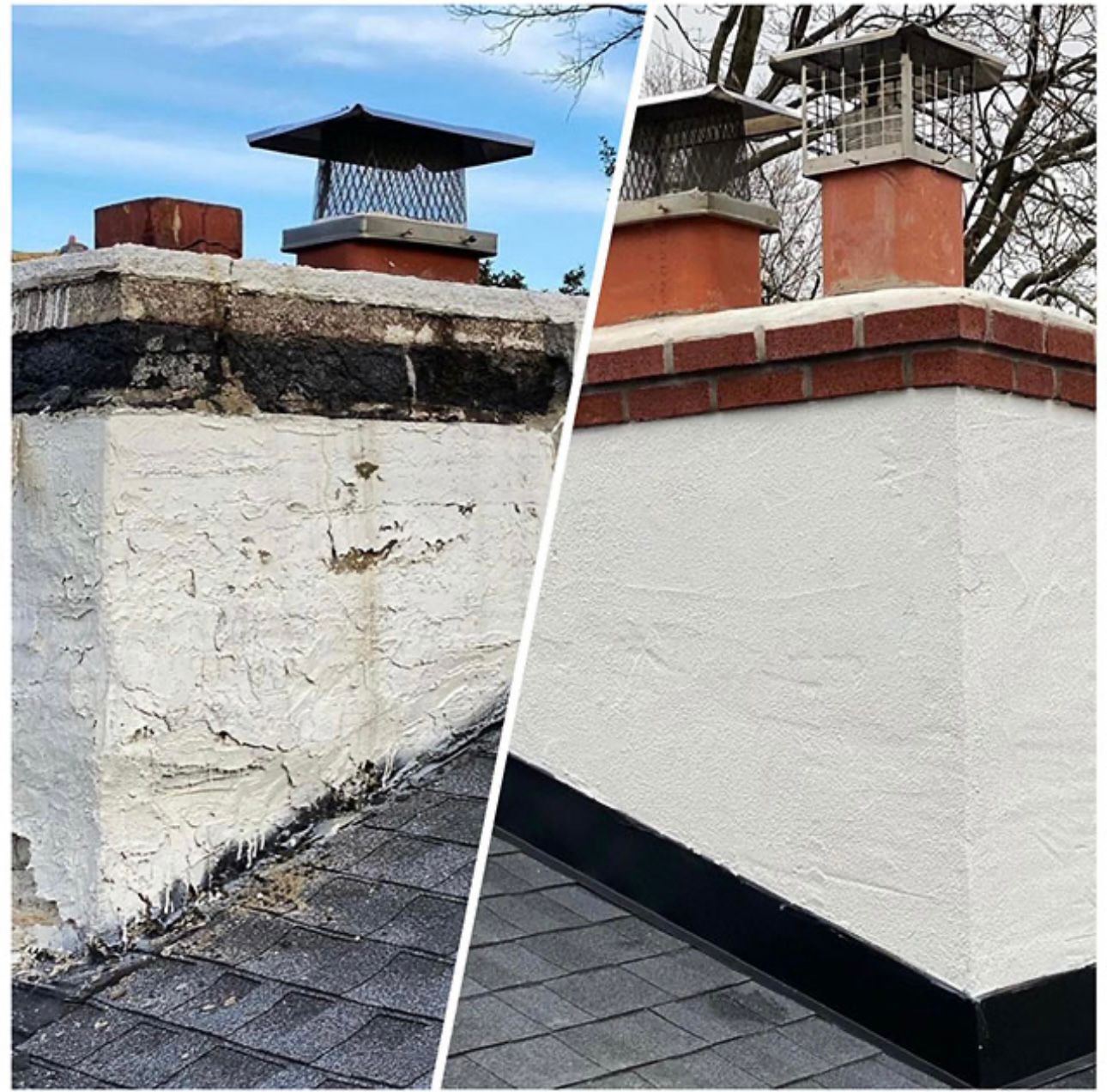 Before and after of a chimney. Old, peeling stucco on left; newly-coated stucco and brick, right.