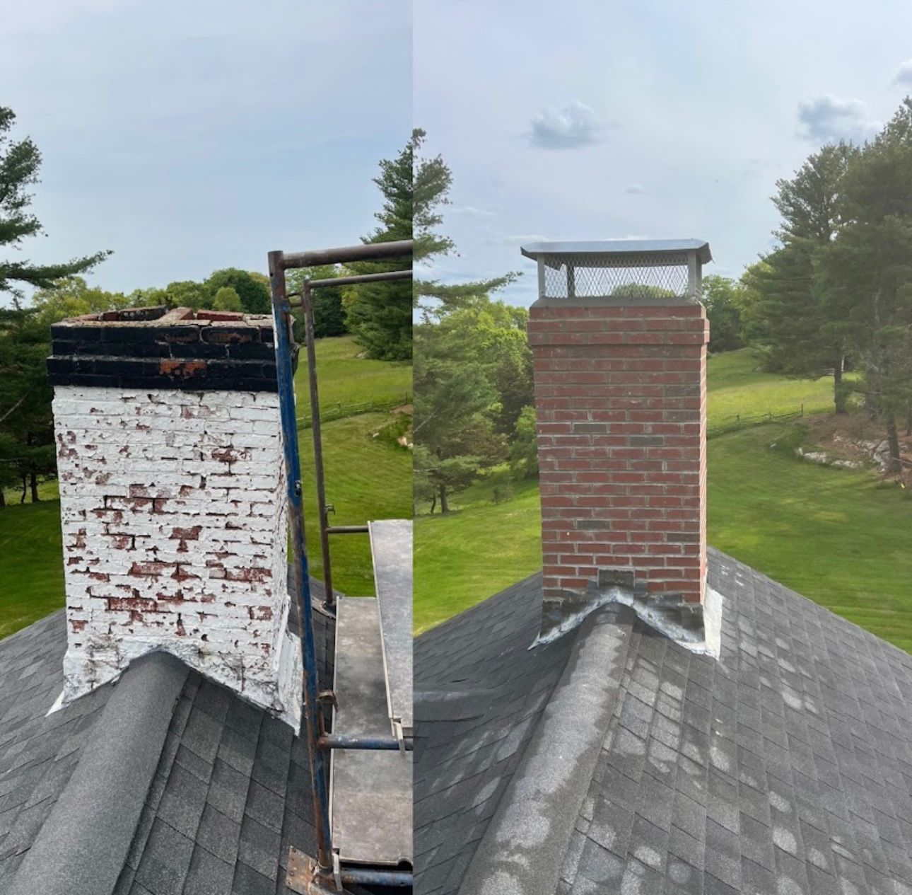 Before-and-after of a chimney repair. Left side shows damaged white paint on brick. Right side shows clean, repaired brick chimney.