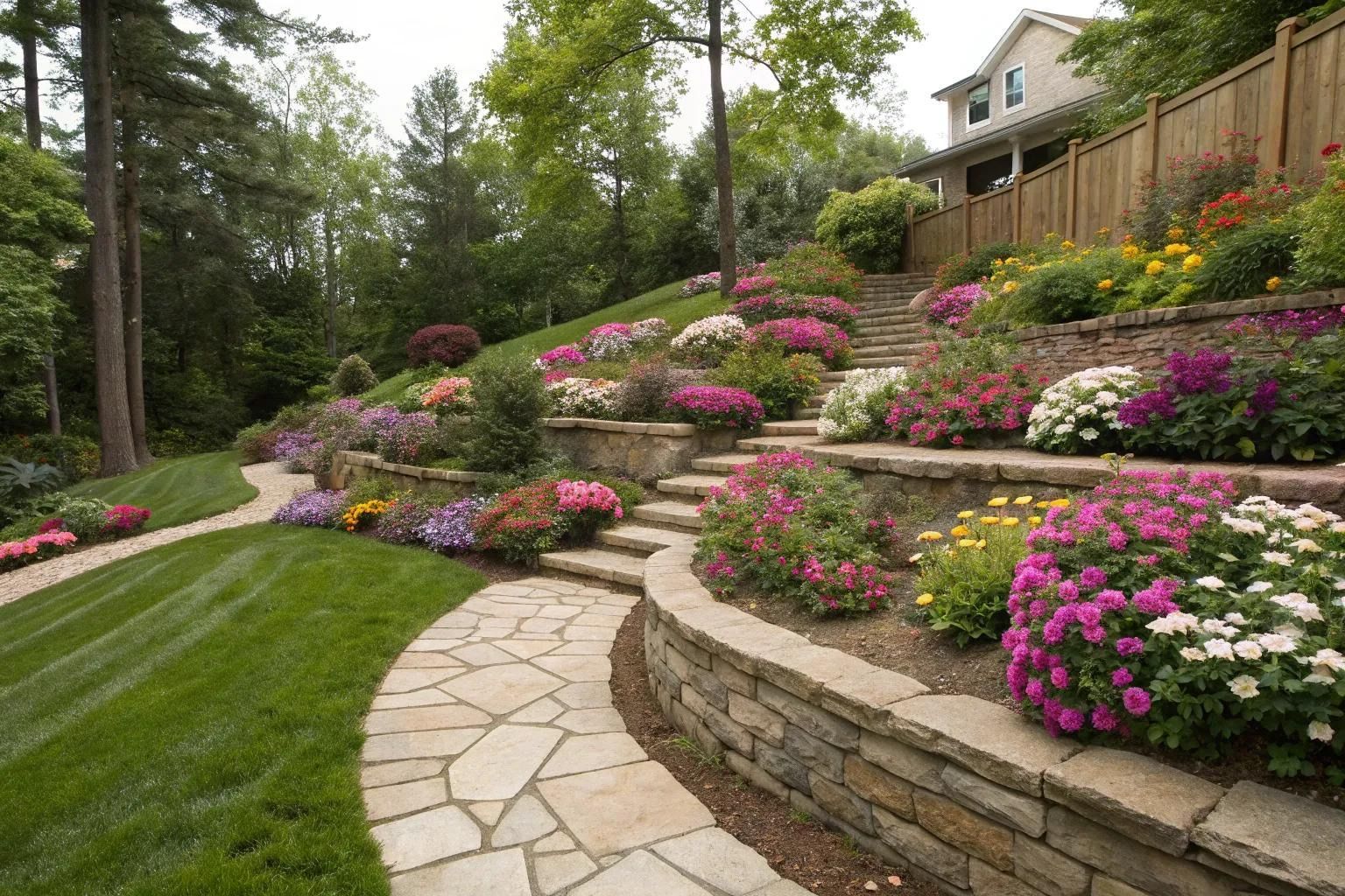 Curved stone path through a terraced garden with pink and purple flowers and a house above