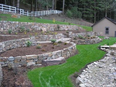 Terraced stone retaining walls with a curved grassy path in a landscaped yard near a small building and forest.