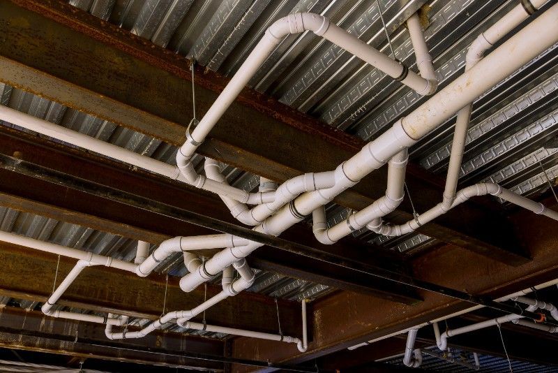 A bunch of pipes are hanging from the ceiling of a building.
