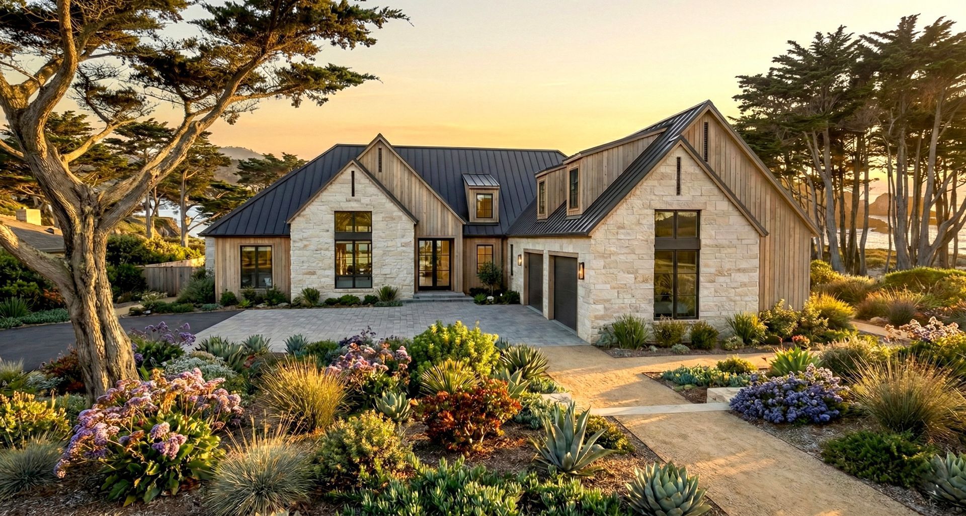 Modern stone house with dark roof, surrounded by landscaped garden and tall trees at sunset