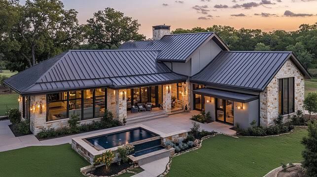Modern stone house with dark metal roof, lit windows, and a backyard pool at sunset