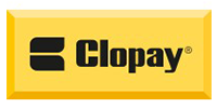 Clopay logo on a yellow rectangular background