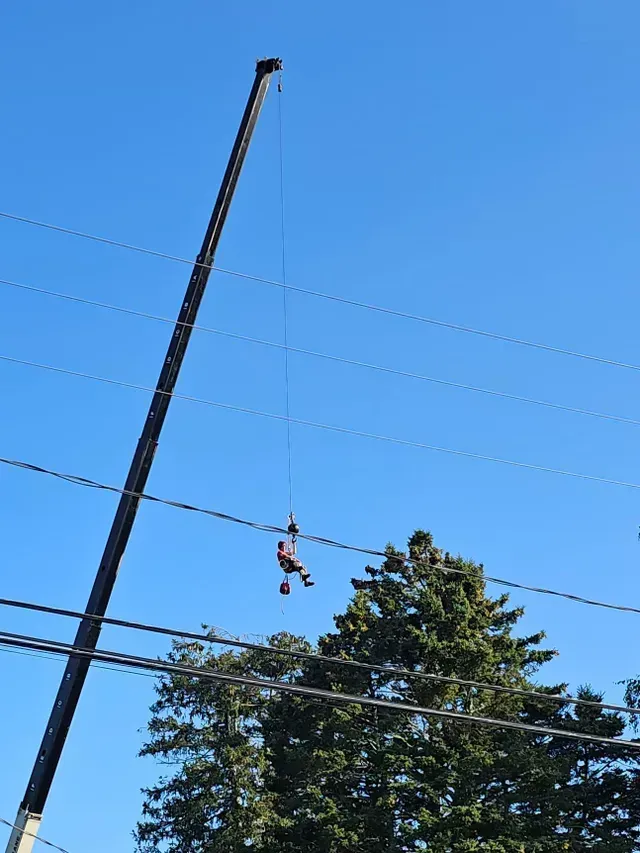 A person in a bucket suspended by a crane working on power lines against a blue sky.