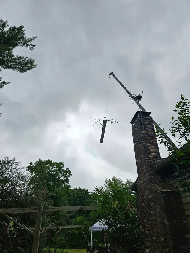 Crane lifting a dark object above a brick chimney on a cloudy day.