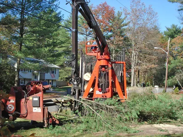 Orange tree-chipping machine cutting branches near residential area with trees and power lines.
