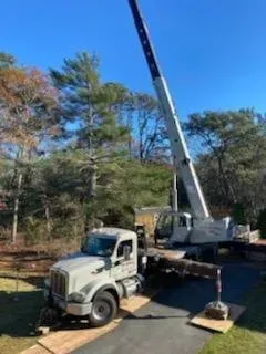 A crane lifting a large log on a trailer. A white truck is in front, trees and a blue sky in the background.