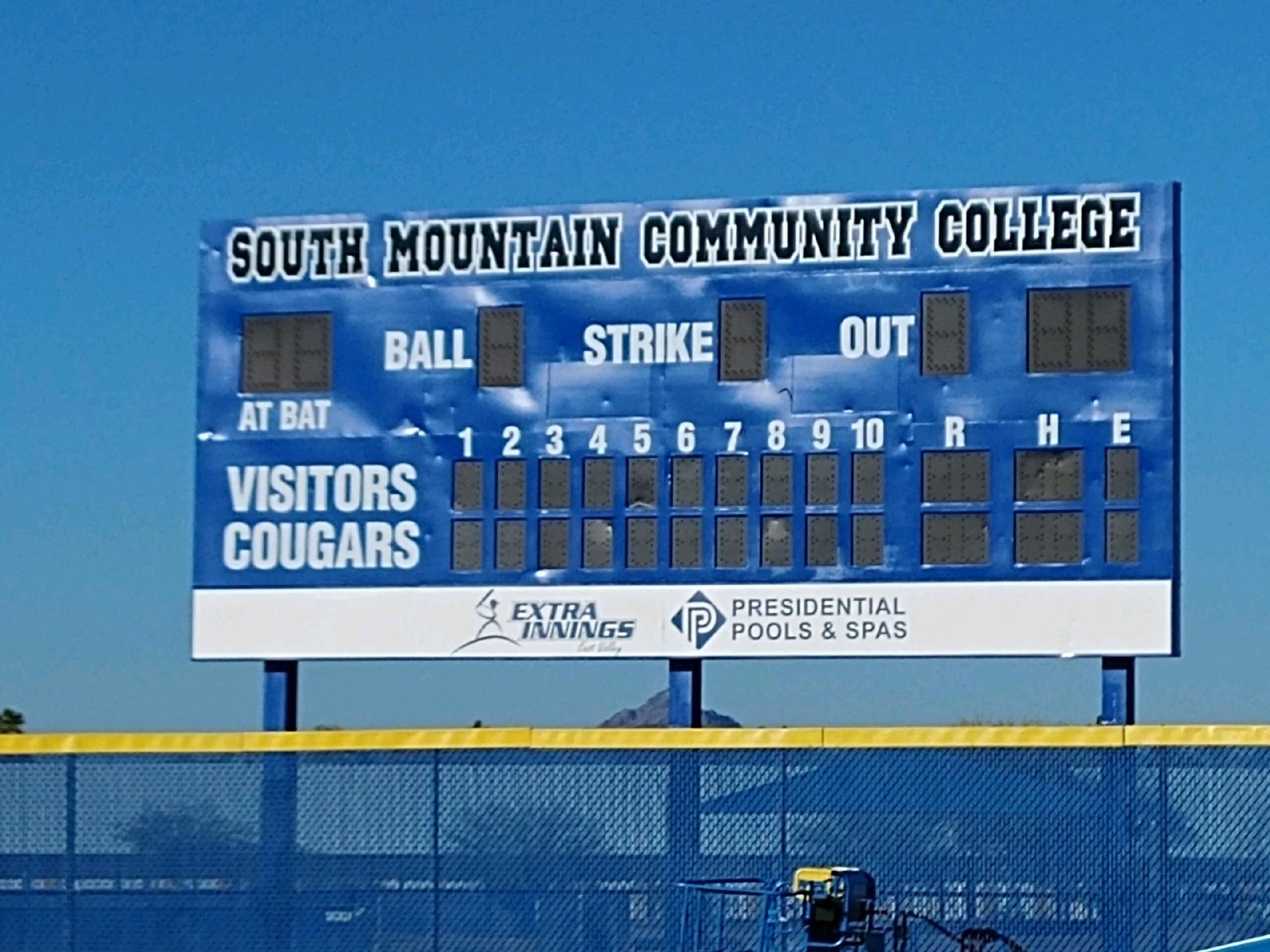 A scoreboard for the south mountain community college baseball team
