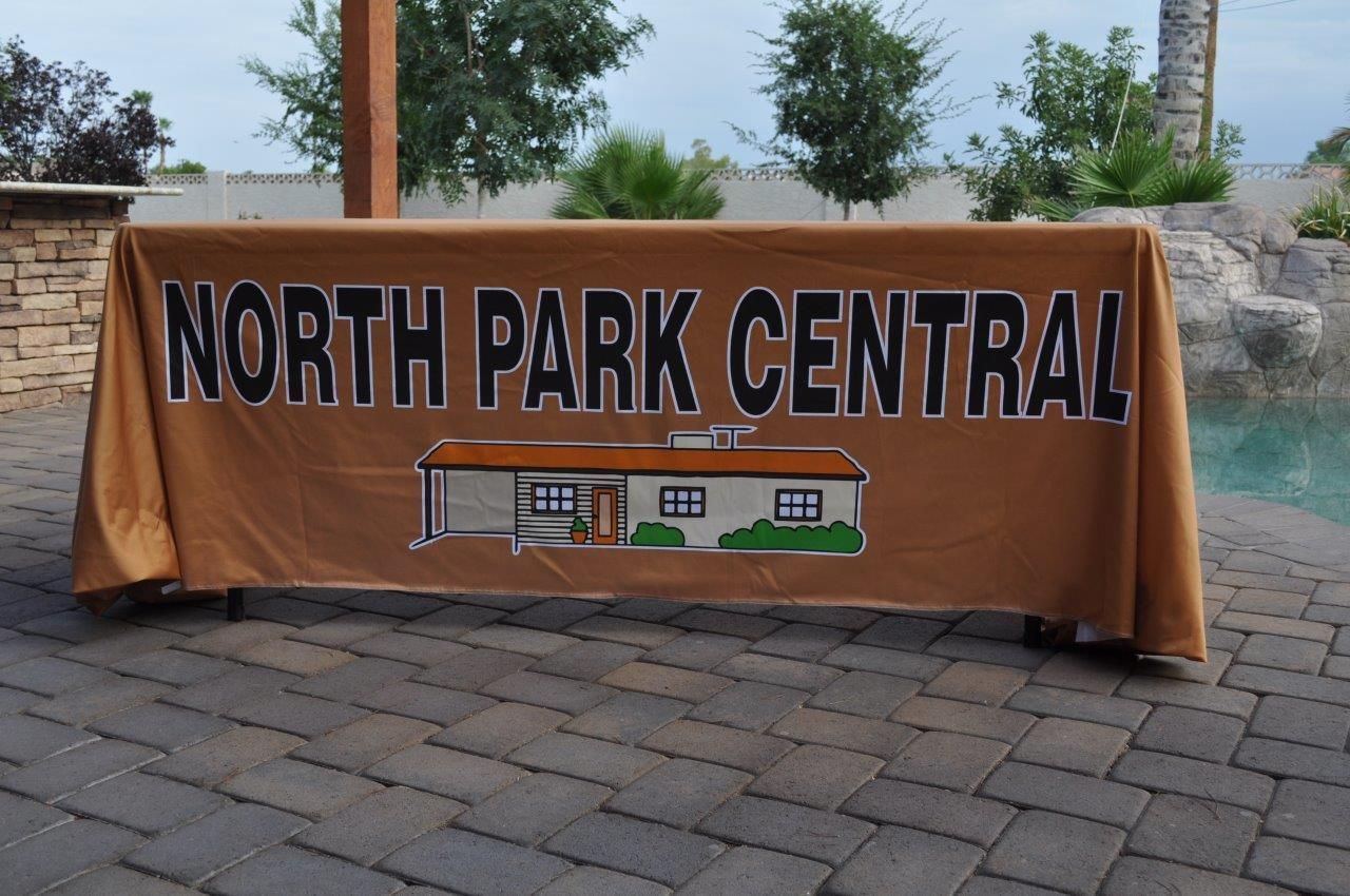A table cloth that says north park central on it