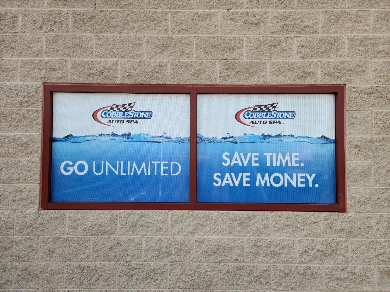 A sign that says go unlimited save time save money