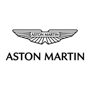 Aston Martin winged logo with the brand name in black on a white background